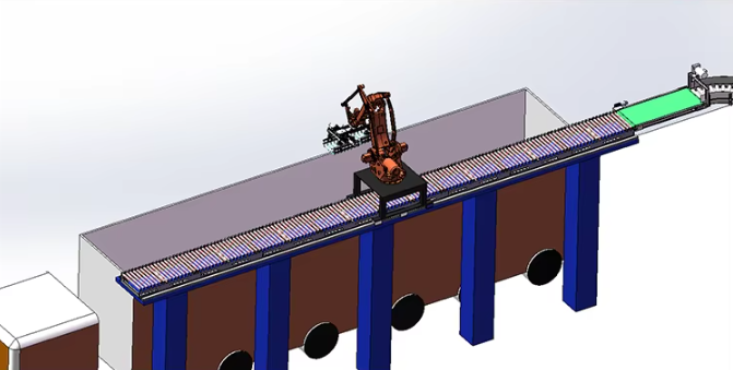 Robot moving between work stations on a ground rail, article illustration